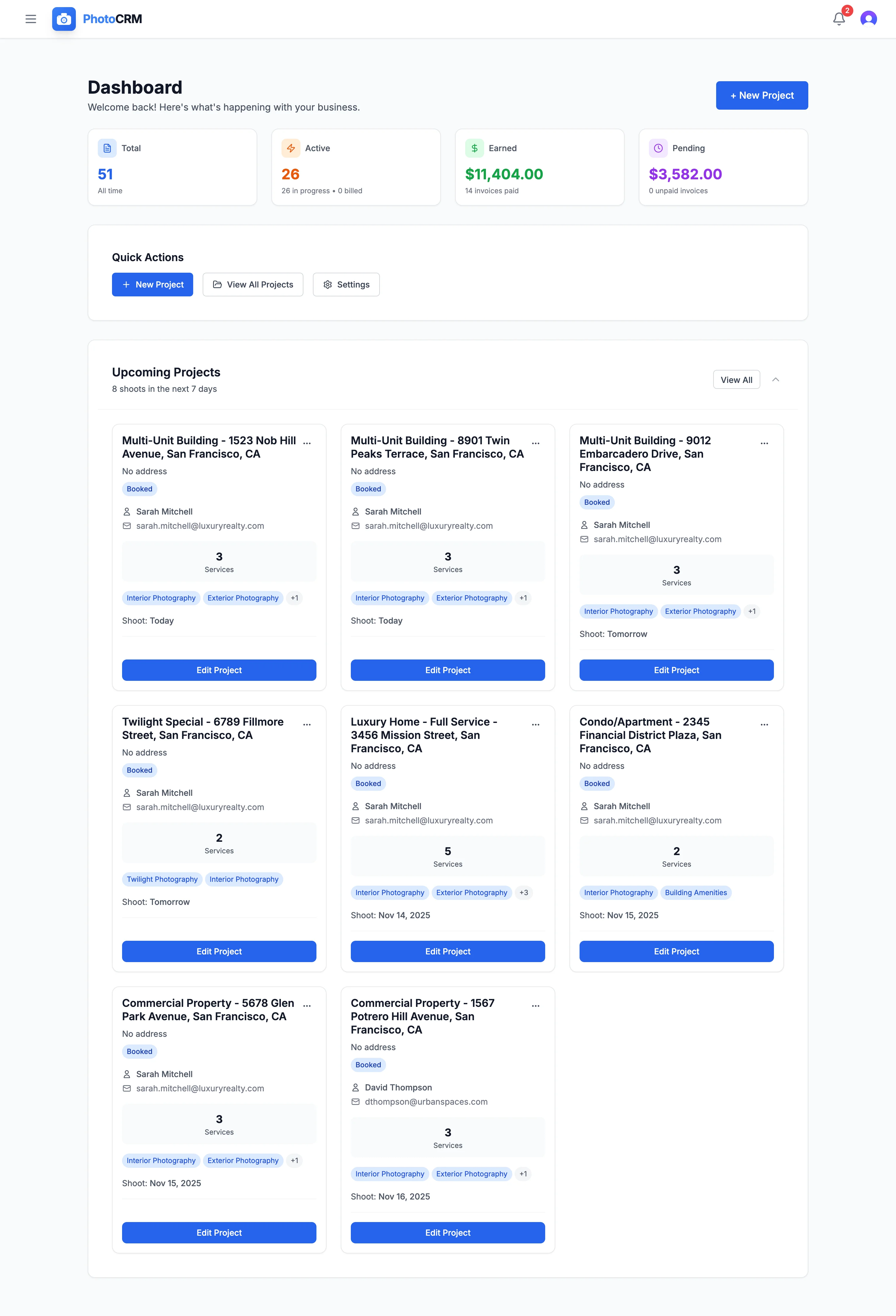 PhotoCRM Dashboard Screenshot